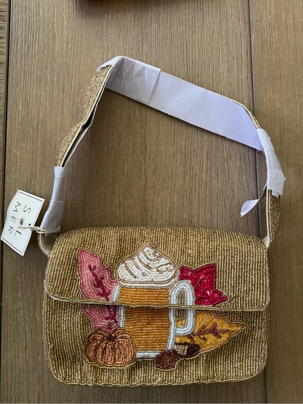 Sol Met Gold Beaded Crossbody with Autumn Mug & Pumpkin Motif